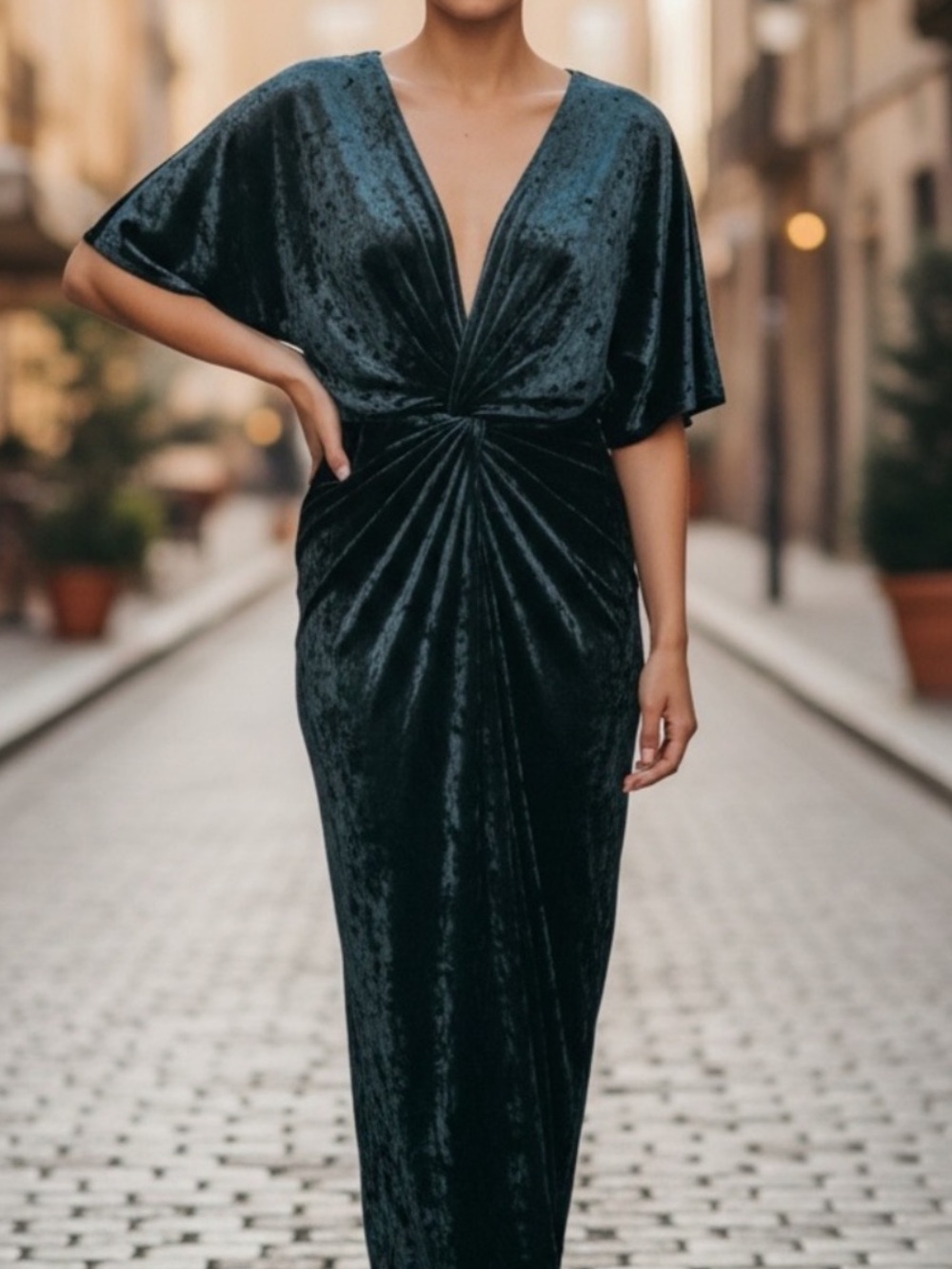 Zara Deep Teal Velvet Midi Dress with Twist Waist